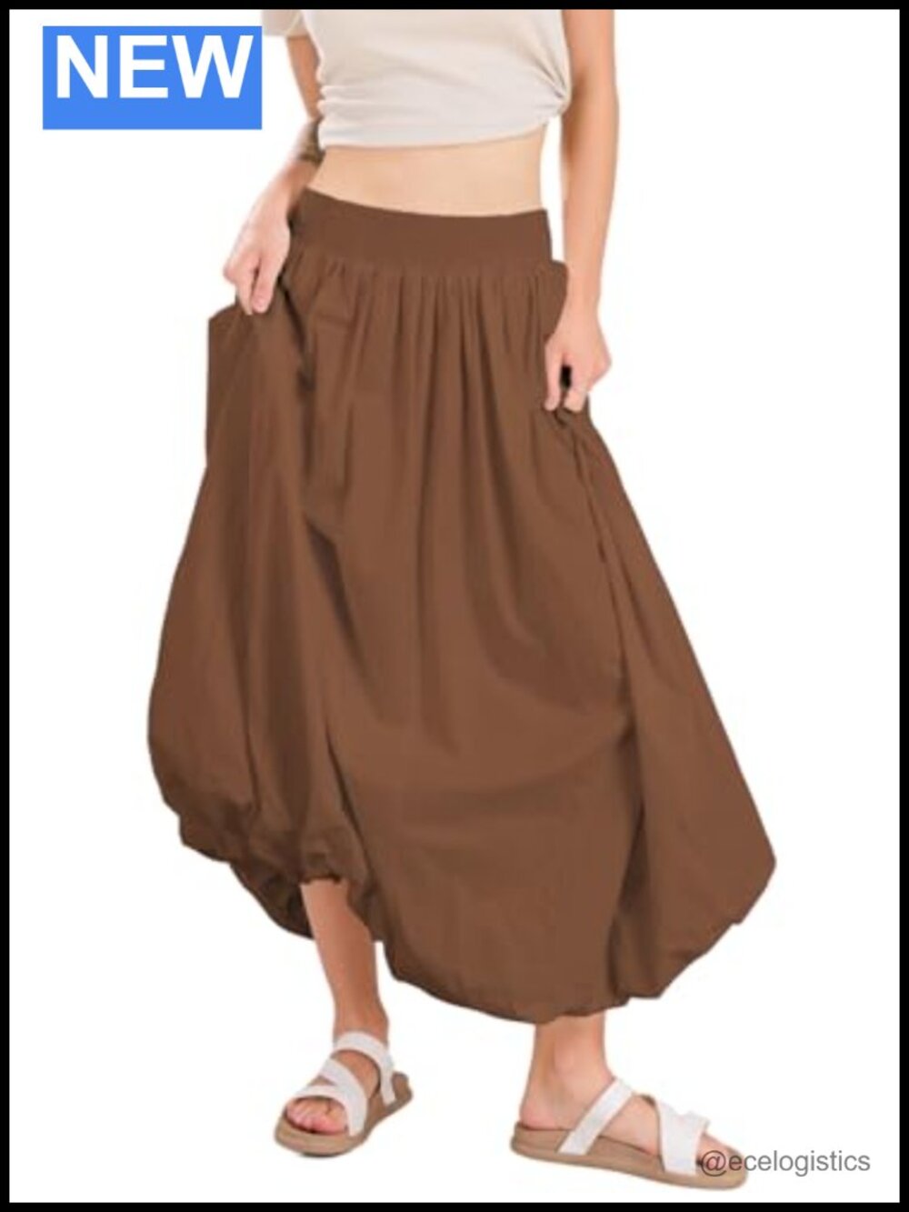 Women's Cotton Bubble Maxi Skirt Smocked High Waist A-Line Ruffle